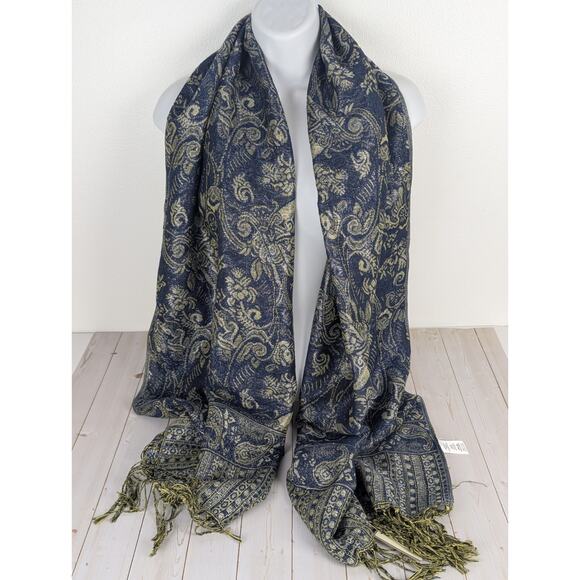 Elegant Navy & Gold Paisley Scarf ~ 72" Long ~ Soft Fringe Wrap Lightweight - Picture 1 of 8